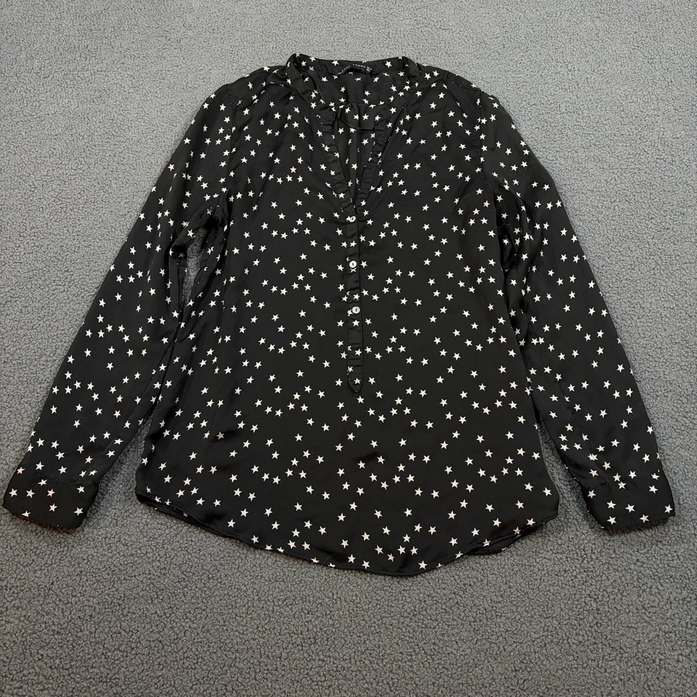 Zara Blouse Womens Medium Black Star Print Button Up Long Sleeve V-Neck Top